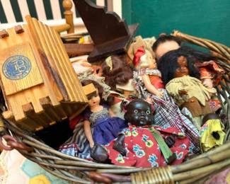 Vintage Doll Collection Basket Lot Composition Dolls Cloth Dolls Folk Art Dolls Wood Building Blocks Antique Childrens Toys Collectible