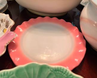 Pink Scalloped Edge Porcelain Bowl Green Majolica Leaf Dish Vintage China Pottery Collection