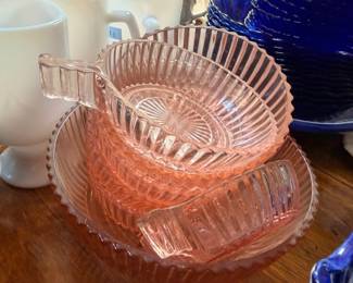 Pink Depression Glass Ribbed Bowl Clear Glass Creamer Cobalt Blue Glass Vintage Glassware Collectible