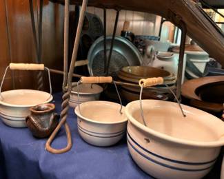 Blue Stripe Stoneware Crocks Wire Bail Handles Copper Pitcher Creamer Antique Pottery Collection Vintage Farmhouse Kitchen Primitives