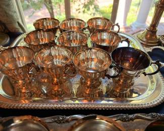 Silver Plate Punch Bowl Set Cups Tray Brass Candlesticks Vintage Silverplate Entertaining Barware