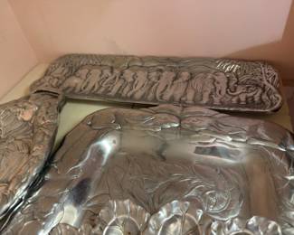 Embossed Aluminum Serving Trays Elephant Design Silver Tone Platters Vintage Entertaining Collectible
