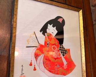 Framed Japanese Geisha Art Textile Fabric Collage Red Kimono Fan Asian Art Vintage Oriental Decor Collectible Wall Art