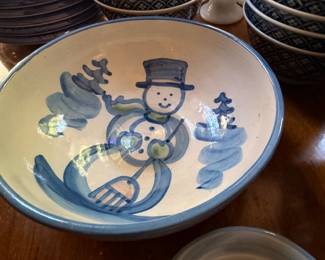 Hand Painted Stoneware Bowl Snowman Design Blue Glaze Folk Pottery Winter Holiday Serving Bowl Collectible