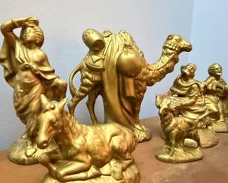 Gold Nativity Scene Figures Set Camel Wise Men Shepherd Christmas Manger Display Holiday Decoration Collectible