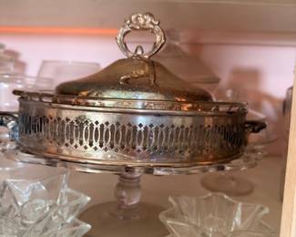 Silver Plate Covered Tureen Pedestal Base Ornate Finial Lid Crystal Glass Cups Victorian Silverplate Serving