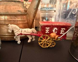 Antique Cast Iron Horse Drawn Ice Wagon Toy Red Cart White Horse Yellow Wheels Vintage Toy Collectible