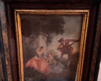 Antique Oil Painting Romantic Scene Figures Companion Piece Dark Wood Gilt Frame European 19th Century Fine Art Vintage Original Painting