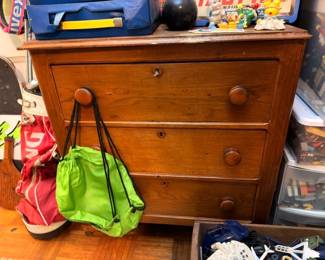 Antique Three Drawer Chest Dresser Wood Knobs Pine Cherry Childrens Room Furniture Vintage Storage Bedroom
