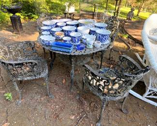 Wrought Iron Patio Table Chairs Set Blue White Chinoiserie Planters Wicker Chair Outdoor Furniture