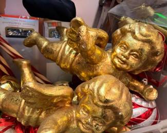 Gold Gilt Cherub Putti Figurines Pair Angel Figures Decorative Italian Style Renaissance Wall Art Holiday Decor Collectible