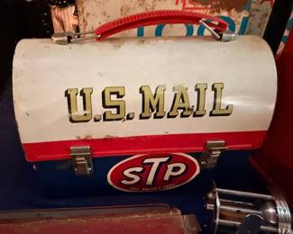 Vintage U.S. Mail Metal Lunch Box Red White Blue STP Sticker Dome Top Lunchbox Antique Americana Collectible