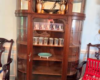 Antique Oak Curved Glass China Cabinet Curio Carved Crest Claw Feet Victorian Furniture
