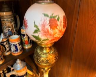Victorian Parlor Lamp Hand Painted Floral Globe Shade Brass Base Antique Oil Lamp Electric Converted German Beer Steins Collection