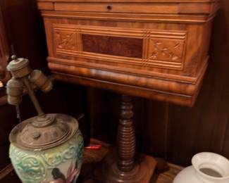 Antique Oak Commode Cabinet Majolica Oil Lamp Base Turned Wood Spindles White Pottery Vase Victorian Furniture