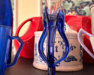 Cobalt Blue Art Glass Vase Pulled Swung Design Tall Elegant Form Vintage Blown Glass Decorative