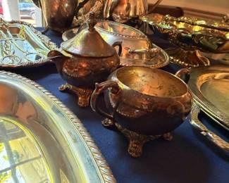 Silver Plate Sugar Bowl Creamer Serving Pieces Footed Trays Vintage Silverplate Table Lot