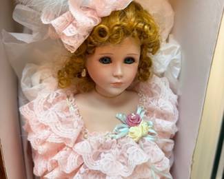 Porcelain Doll Blonde Curly Hair Pink Lace Dress In Box Collectible Bisque Doll Victorian Style