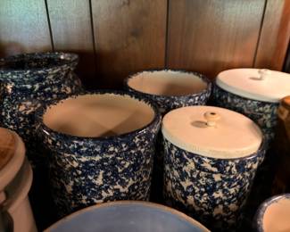 Blue White Spongeware Pottery Crocks Canisters Lids Stoneware Collection Antique Farmhouse Kitchen Vintage Ceramics