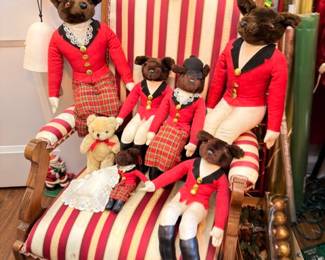 Stuffed Bear Figurine Collection Red Hunting Jackets Plaid Outfits Teddy Bear Dolls Display Red White Striped Chair Vintage Collectible
