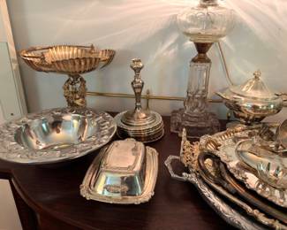 Silver Plate Collection Covered Dishes Compotes Crystal Oil Lamp Tureen Vintage Silverplate Lot