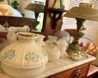 Ceramic Vases Blue Floral Pattern Gold Trim Green Tole Lamp Shade White Porcelain Collectibles Marble Top Dresser Vintage Pottery Lamp Decor