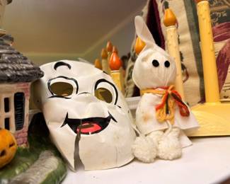 Vintage Halloween Decorations Ceramic Ghost Figurines Jack O Lantern Haunted House Holiday Collectibles
