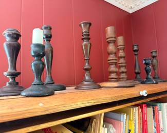 Turned Wood Candlestick Collection Various Sizes Dark Stain Natural Wood Candle Holders Vintage Lot