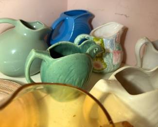 Vintage Pottery Pitchers Creamers Collection Green Blue Hand Painted Floral Ceramic Kitchen Collectible Lot