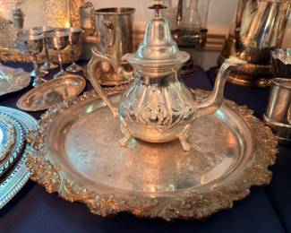Silver Plate Teapot Ornate Footed Round Tray Salver Victorian Style Vintage Silverplate