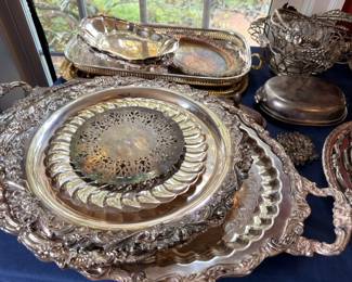 Silver Plate Large Round Tray Pierced Reticulated Gallery Rim Ornate Scalloped Edge Victorian Silverplate Salver