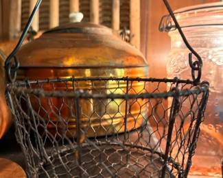 Vintage Wire Egg Basket Gathering Basket Copper Brass Dome Mold Lid Farmhouse Country Kitchen Primitive Decor Collectible