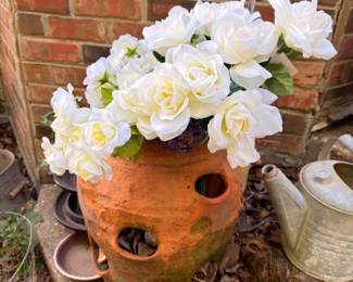 Terra Cotta Strawberry Pot White Silk Roses Galvanized Metal Bucket Outdoor Garden Planter Lot