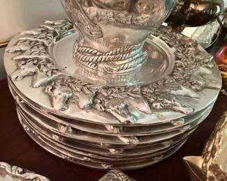 Silver Plate Ornate Charger Plates Floral Relief Rope Twist Border Stacked Set Victorian Silverplate