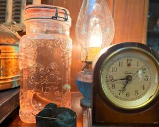 Antique Brass Alarm Clock Glass Oil Lamp Chimney Cast Iron Mortar Vintage Timepiece Collectibles Country Primitive