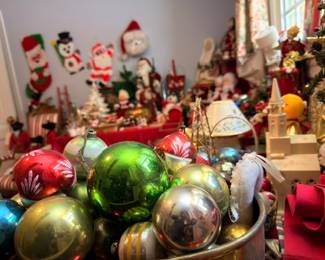 Vintage Christmas Ornaments Collection Glass Ball Ornaments Santa Figurines Holiday Decorations Red Green Gold Estate Lot Collectible