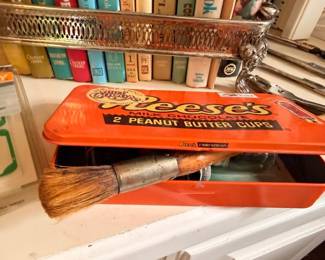 Vintage Reeses Peanut Butter Cups Advertising Tin Container Silver Plate Tray Collectible Candy Memorabilia