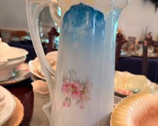 Victorian Porcelain Pitcher Blue White Gold Trim Ruffled Edge Tall Ewer Antique China