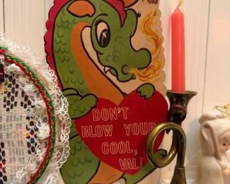 Vintage Valentine Card Dragon Die Cut Brass Candlestick Holder Lace Doily Holiday Ephemera Collectible