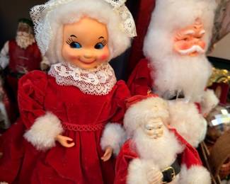 Vintage Mrs Claus Santa Claus Dolls Pair Lace Trim Fur Accents Red Velvet Christmas Figures Holiday Display Collectible