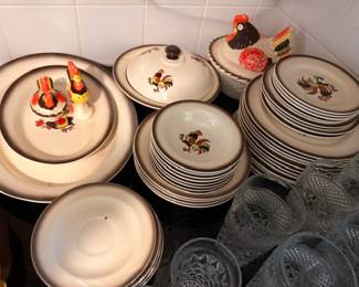 Metlox Poppytrail Red Rooster Dinnerware Set Plates Bowls Covered Dish Rooster Shakers California Pottery