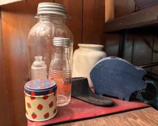 Vintage Glass Bottles Strawberry Tin Container Blue Wood Cutting Board Paddle Stoneware Crock Farmhouse Kitchen Primitives