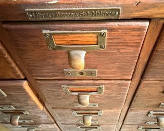 Library Bureau SoleMakers Brass Plate Card Catalog Detail Maker Mark Antique Oak Drawer Close Up