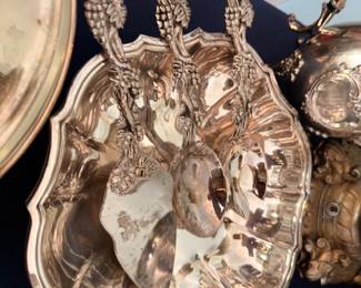 Silver Plate Ornate Grape Vine Motif Serving Pieces Victorian Silverplate Detail Close Up