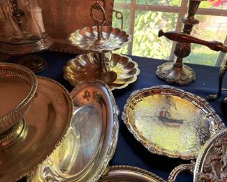Silver Plate Round Tray Scalloped Bowls Chamber Candlestick Wood Handle Vintage Silverplate