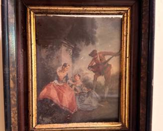 Antique Oil Painting Pastoral Scene Figures Dark Wood Gilt Frame European Style 19th Century Fine Art Vintage Original Painting Collectible