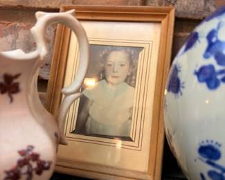 Antique Framed Portrait Photograph Gold Frame White Porcelain Pitcher Blue White Pottery Brick Fireplace Vintage Collectibles
