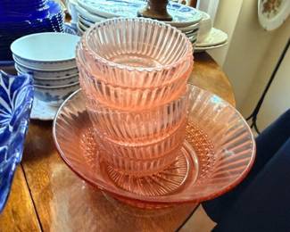 Pink Depression Glass Ribbed Bowl Saucer Plate Close Up Detail Swirl Pattern Vintage Glassware Collectible