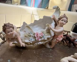 Large Porcelain Cherub Putti Centerpiece Bowl Roses Pink Ribbon Capodimonte Style Figurine Decorative Shell Dish Victorian Collectible