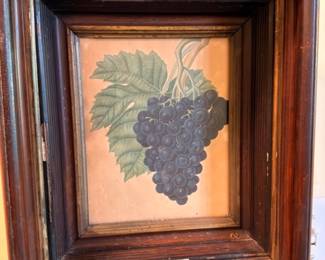 Framed Still Life Painting Grapes on Vine Leaves Dark Wood Frame Antique Fruit Botanical Art Vintage Original Painting Wall Decor Collectible